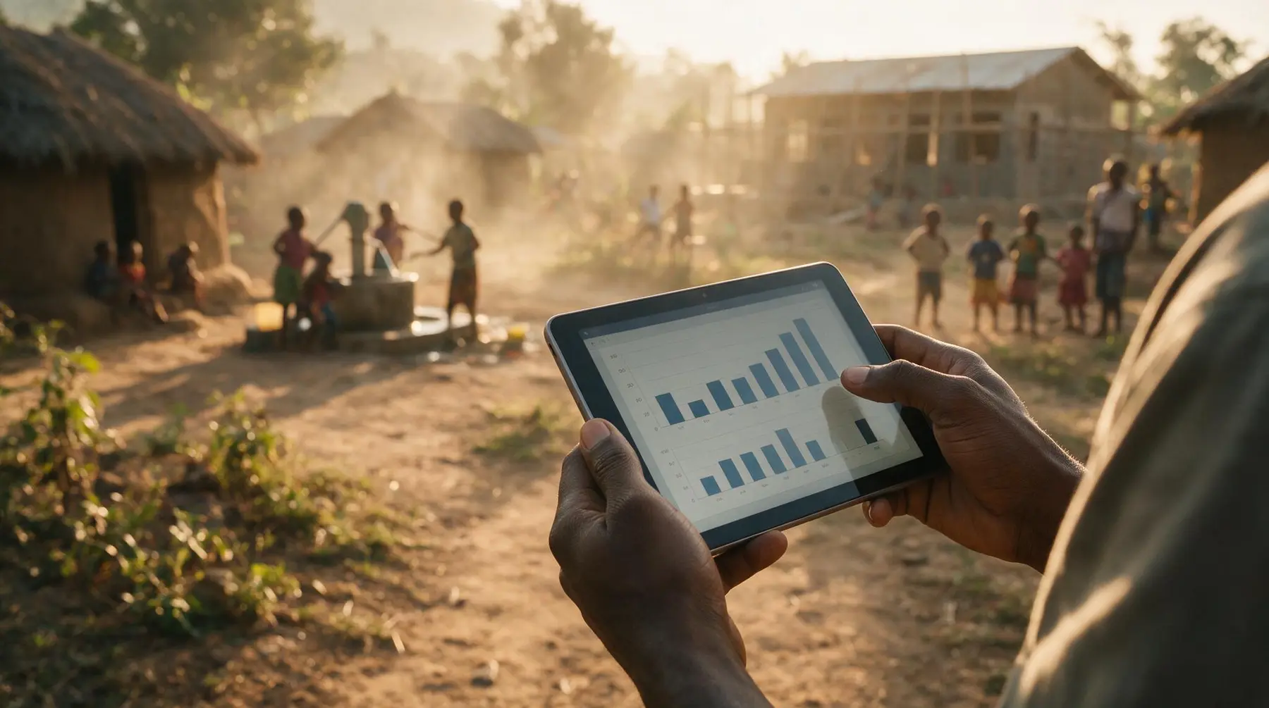Equipo de una ONG revisando en una tablet el impacto de sus programas sociales