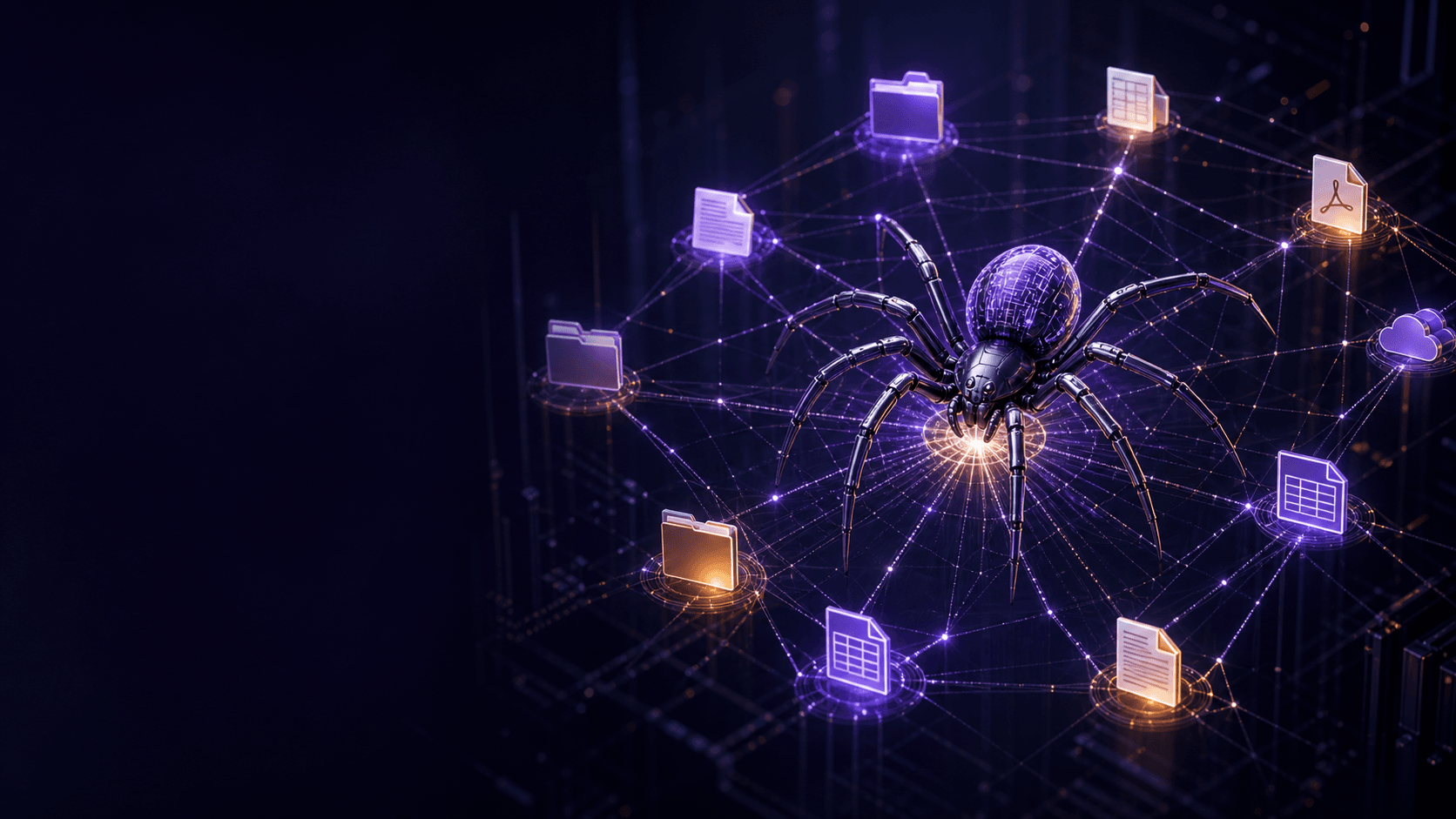 Araña digital conectando nodos de documentos y carpetas empresariales