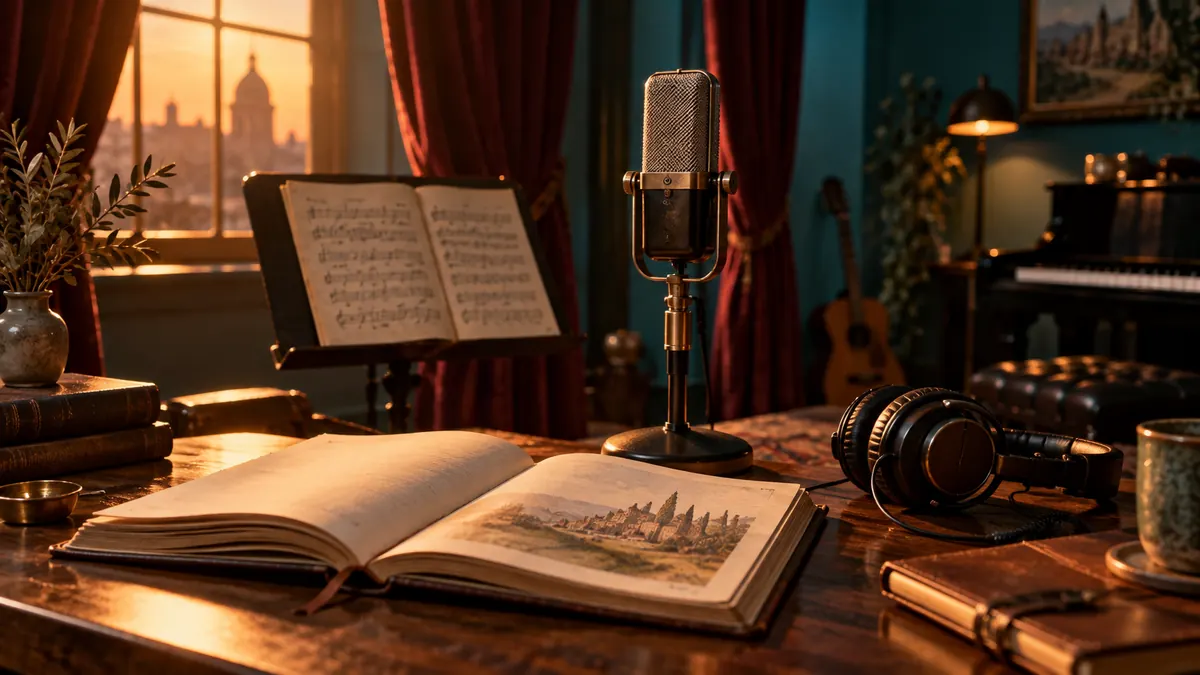 Estudio de grabación al atardecer con un micrófono de cinta frente a un libro de cuentos abierto y una partitura