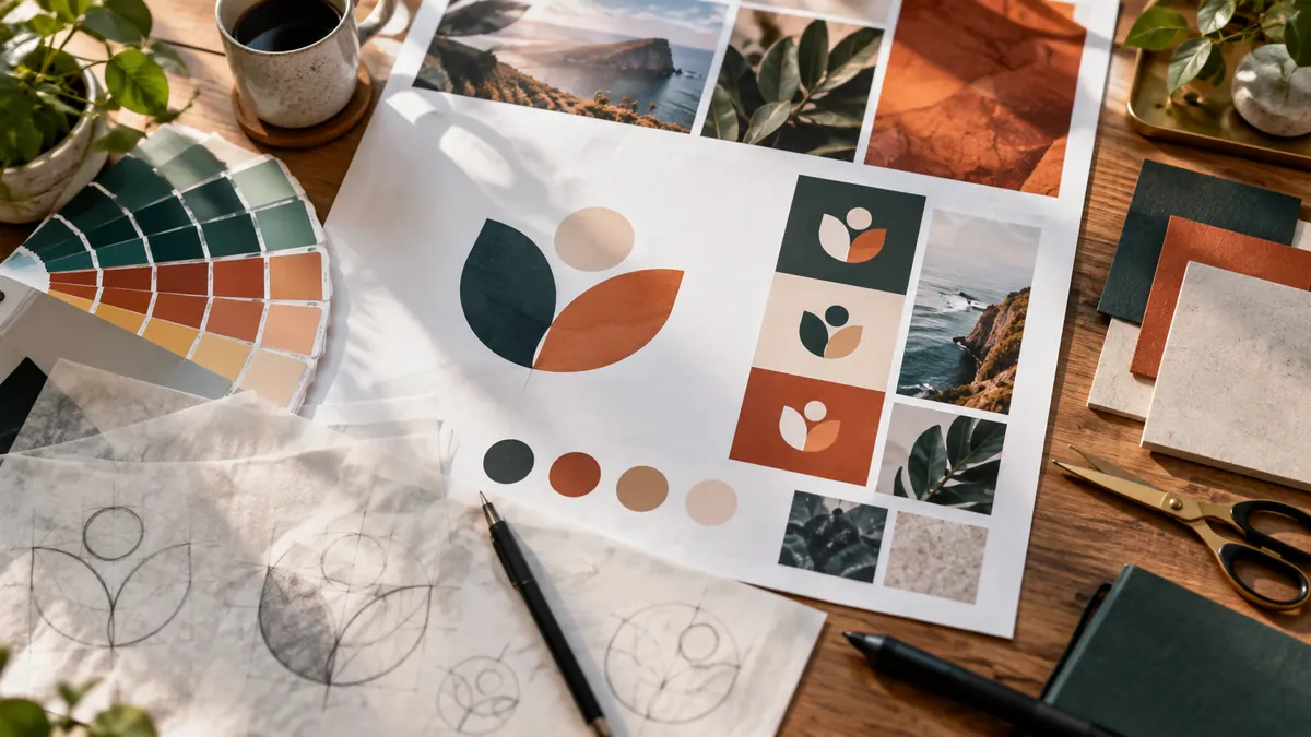 Mesa de diseñador vista desde arriba con muestras de color, bocetos de logotipo y hojas de marca impresas