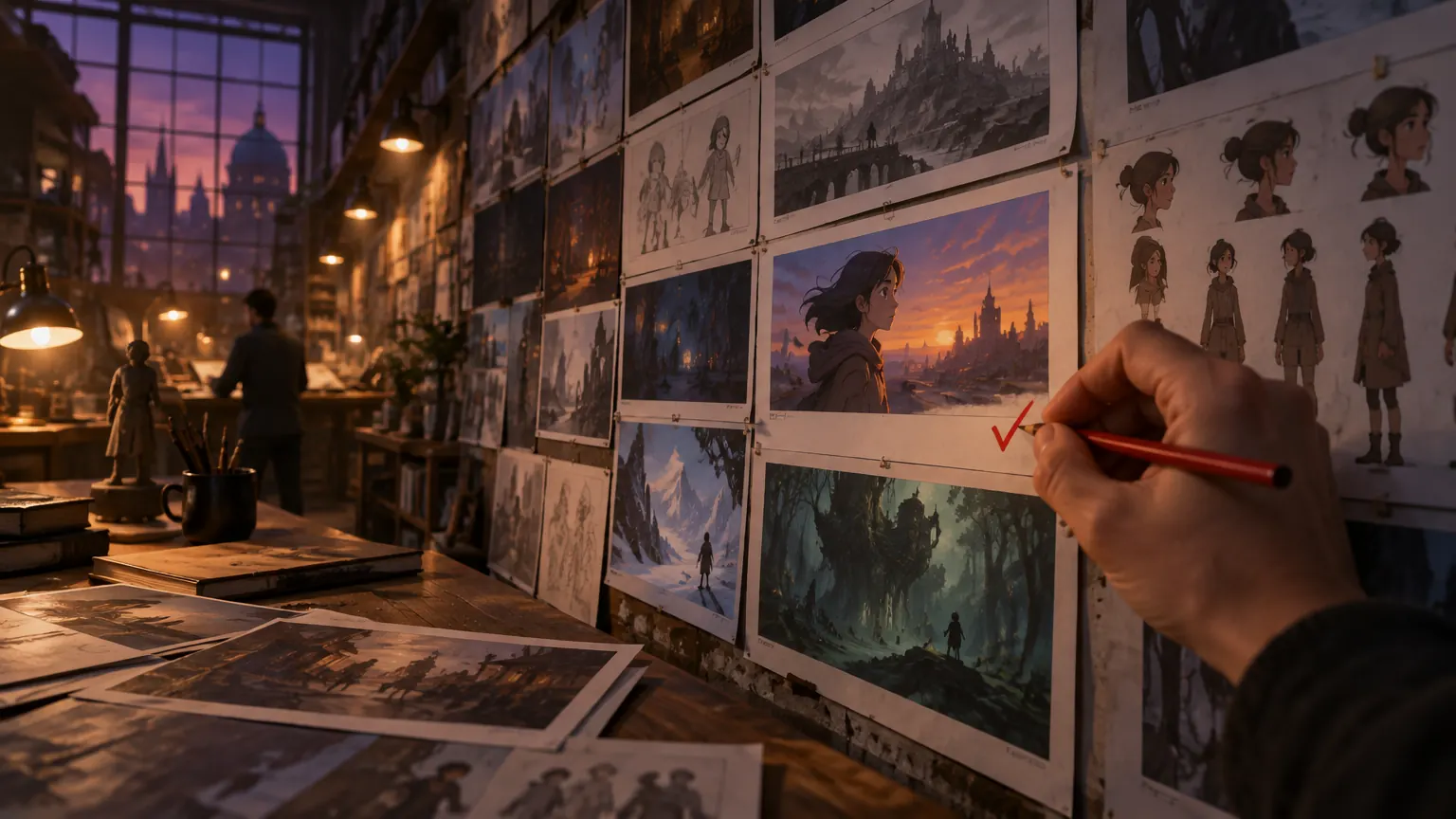 Taller de producción al atardecer: pared de guiones gráficos, hojas de personaje y escenas terminadas, y una mano que aprueba una de ellas con un lápiz rojo