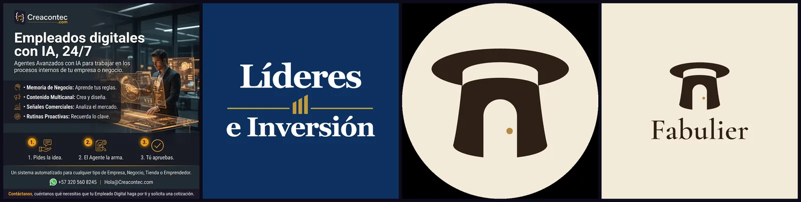 Un flyer de Creacontec y los logotipos de Líderes e Inversión y de Fabulier