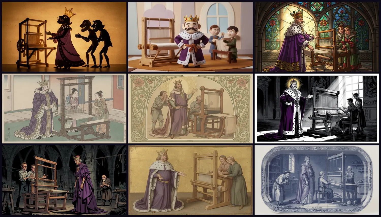La misma escena de un cuento clásico dibujada en nueve estilos distintos: sombras chinescas, fieltro, vitral, ukiyo-e, art nouveau, tinta, cómic gótico, temple de oro y porcelana