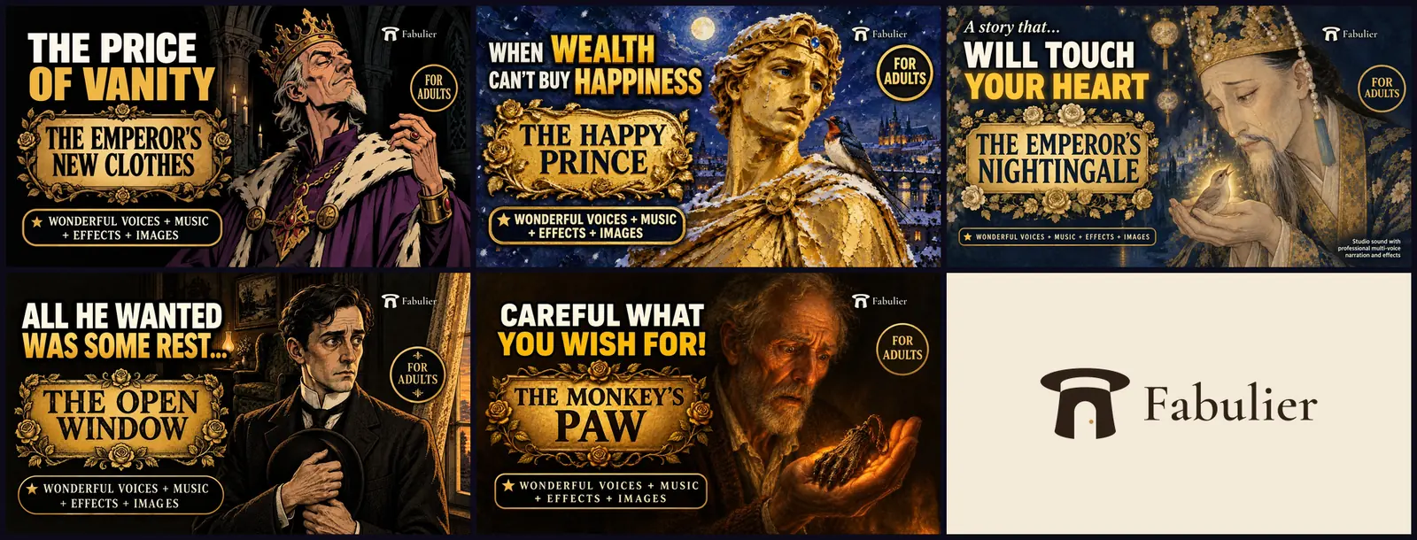 Five thumbnails of classic tales from Fabulier with golden headlines and dramatic portraits, next to the channel logo