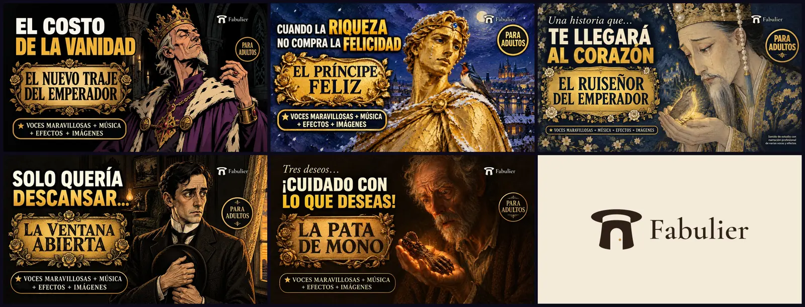 Cinco miniaturas de cuentos clásicos de Fabulier con titulares dorados y retratos dramáticos, junto al logotipo del canal