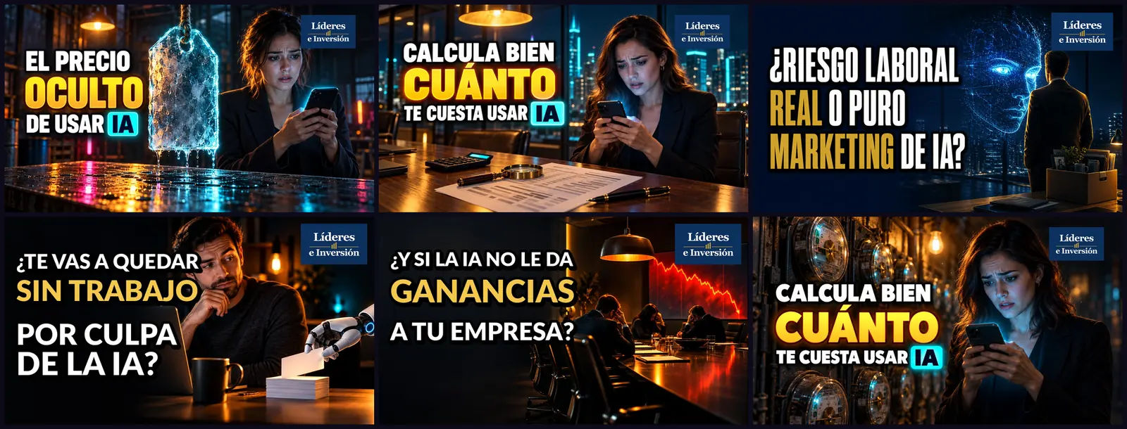Seis miniaturas de video del canal Líderes e Inversión con titulares grandes y escenas cinematográficas de oficina