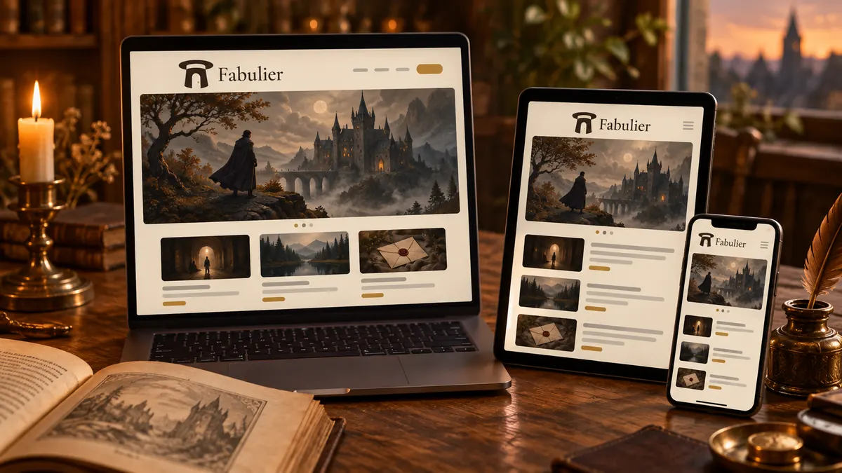 Maqueta del sitio web de Fabulier en portátil, tableta y teléfono junto a un libro antiguo y una vela