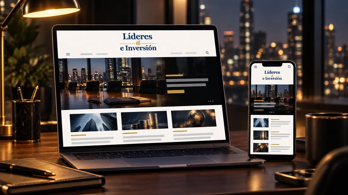 Maqueta del sitio web de Líderes e Inversión en un portátil y un teléfono sobre un escritorio ejecutivo