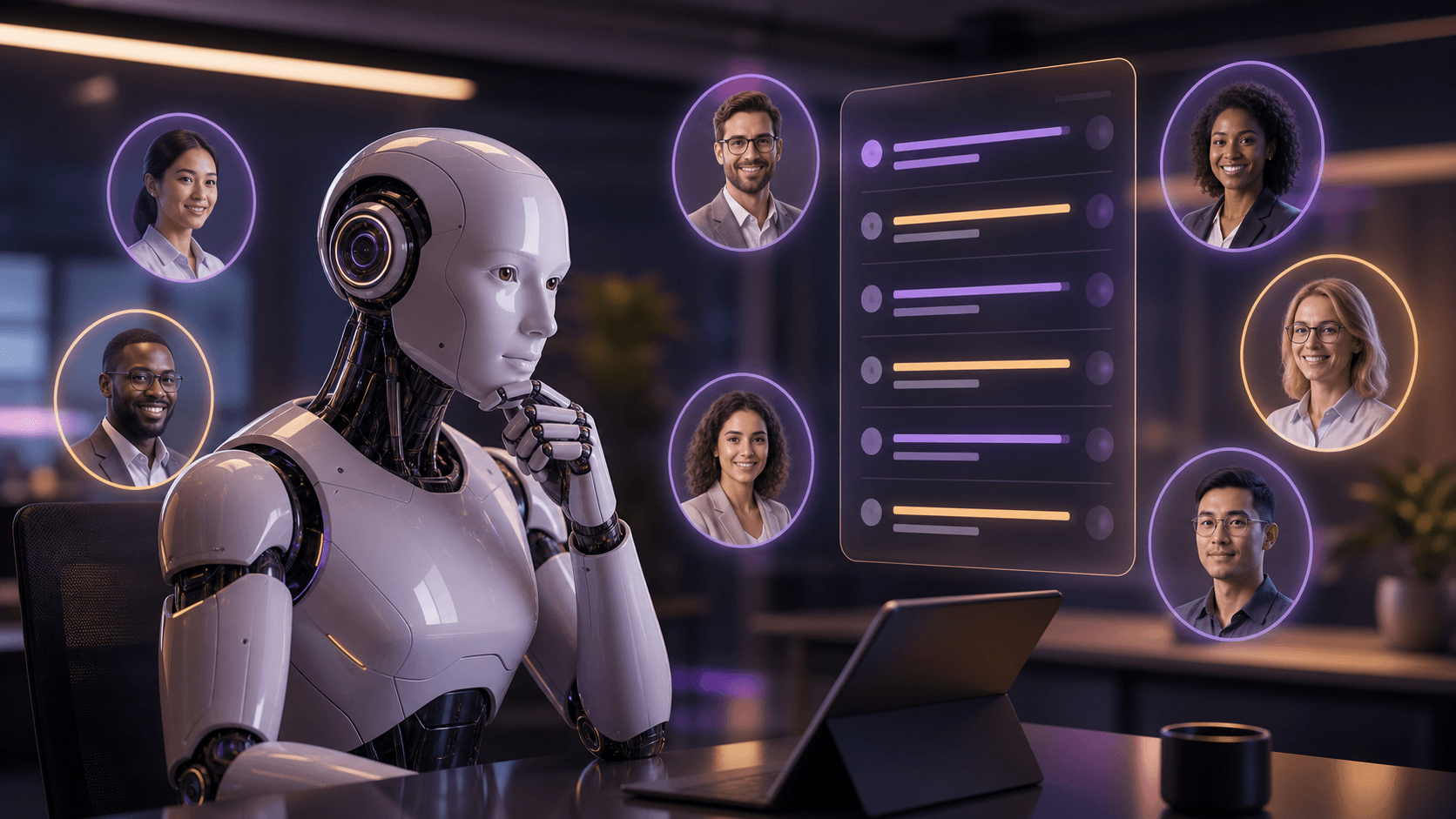 Robot evaluando candidatos con globos de personas alrededor