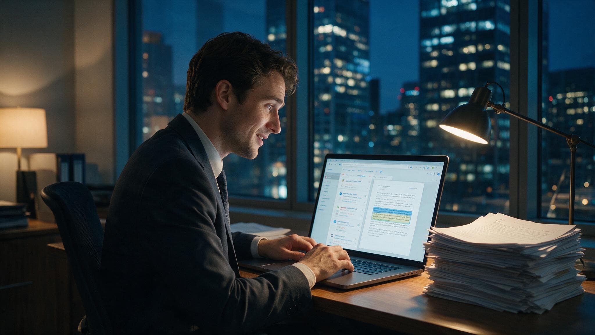 Abogado trabajando de noche en su despacho: la pantalla del computador muestra al instante la cláusula que buscaba, con una pila de expedientes de fondo