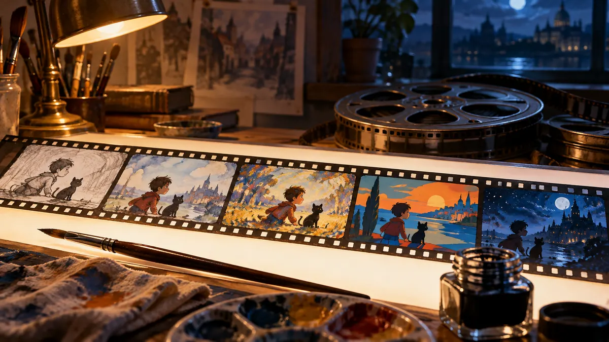 Mesa de animador con una tira de fotogramas pintados a mano que cuentan una historia